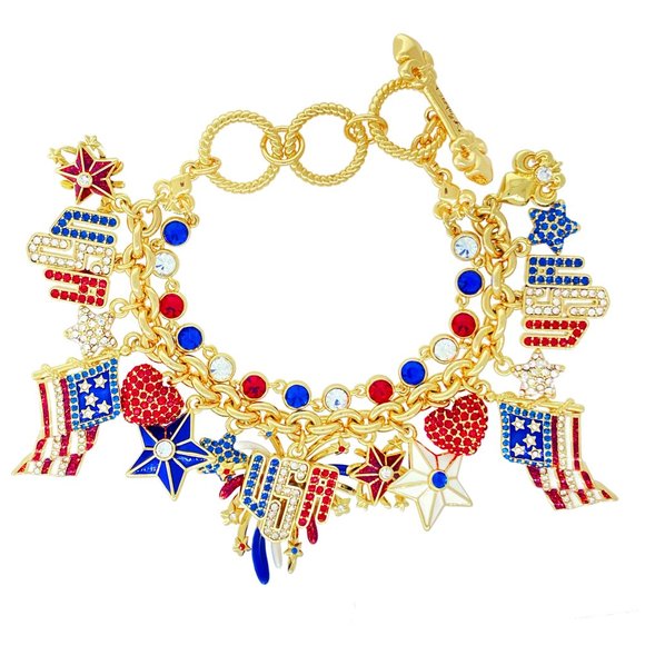 Exquisite July 4th Fireworks Flag Bracelet Ritzy Couture DeLuxe -18K Gold Plated